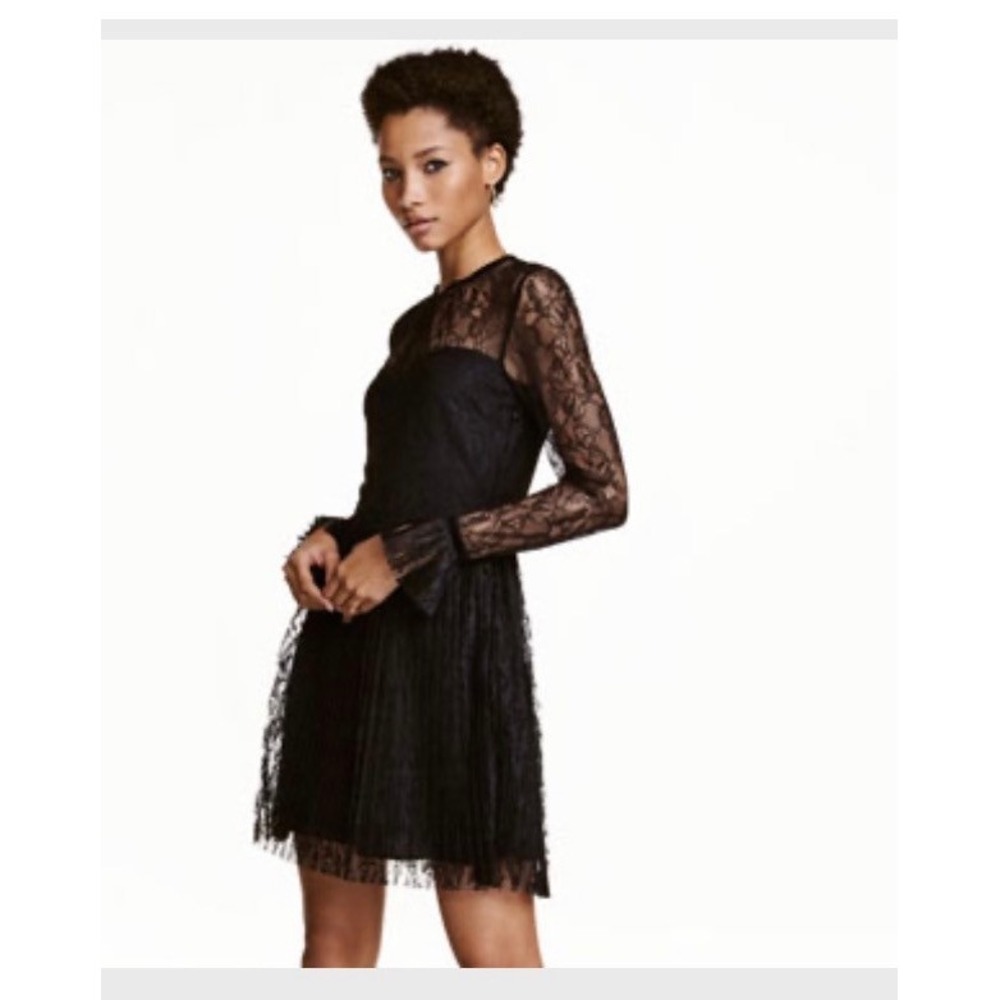 HM Black Lace Pleated Mini Dress Long Sleeve Ruffle Cuff Size 8